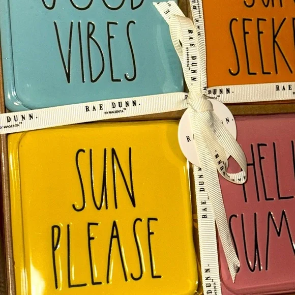 NWT HTF Rae Dunn Ceramic 4 Piece Boxed Bright Coasters Good Vibes Sun Seeker - Picture 3 of 7